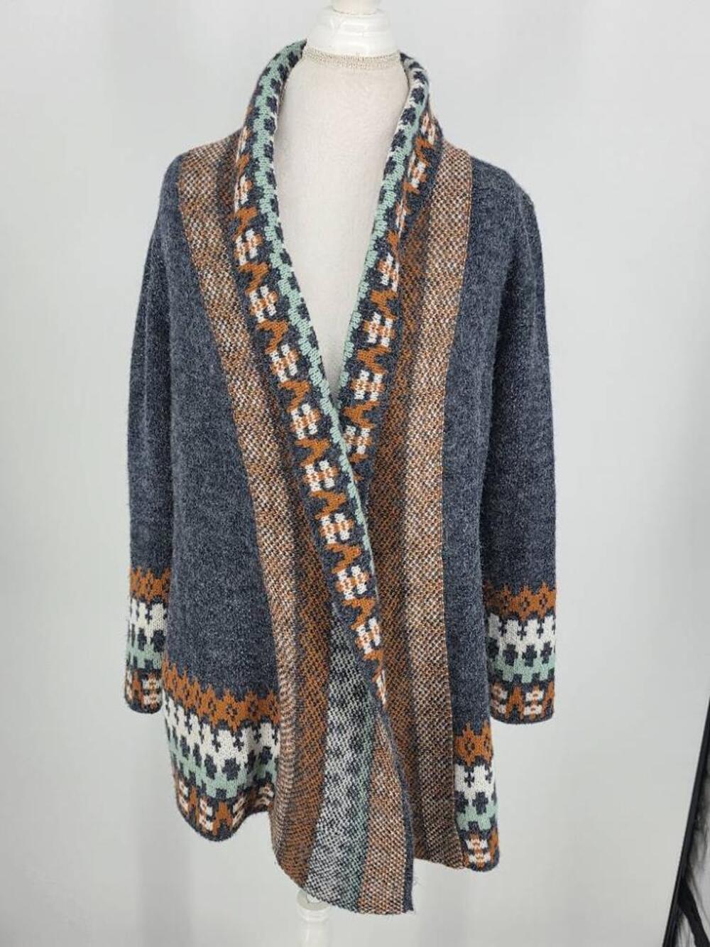Adora Vintage Womens M L Geometric Fair Isle Shawl Cardigan Sweater Boho